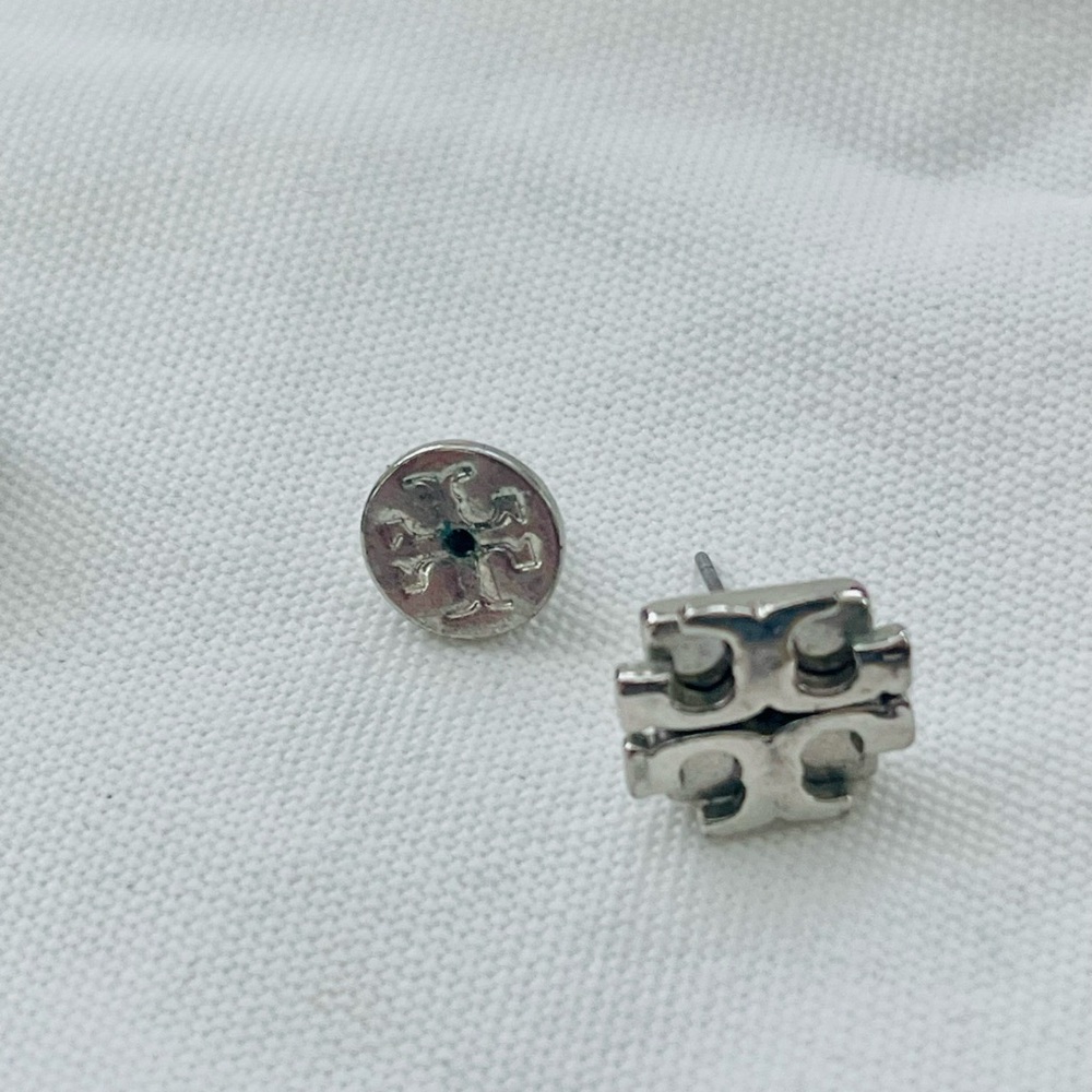 Tory Burch Silver Logo Stud Earrings - Picture 2 of 3